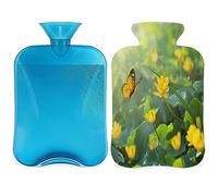 Botella de agua caliente con diseño de flores de primavera y mariposa con cubierta esponjosa, botella de resorte de gran capacidad, bolsa de agua para noches acogedoras, alivio del dolor de espalda,