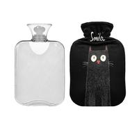 Botella de agua caliente con diseño de gato de dibujos animados negros con funda suave, bolsa de agua de 2 litros para aliviar el dolor, calentador de abdomen, bolsa de agua Caliente para el Dolor