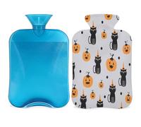 Botella de agua caliente con diseño de gato negro de calabazas de Halloween con funda, bolsa de agua de gran capacidad de 2 litros para noches acogedoras, alivio del dolor, espalda, cuello y hombros