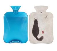 Botella de agua caliente con diseño de gato negro de Japón con tapa, botella de gran capacidad de 2 L, bolsa de agua para noches acogedoras, alivio del dolor, espalda, cuello y hombros