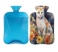 Botella de agua caliente con diseño de gato y flores de acuarela con funda, bolsa de agua de gran capacidad de 2 litros para noches acogedoras, alivio del dolor, espalda, cuello y hombros