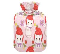 Botella de agua caliente con diseño de gatos con sombreros de fresa con funda de forro polar suave, bolsa de agua caliente para aliviar el dolor de cuello y hombros, terapias frías y calientes, talla