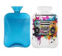 Botella de agua caliente con diseño de grabadora de música colorida con funda, bolsa de agua caliente de 2 litros para aliviar el dolor, cuello suave y hombro, calentador de pies de mano, compresa