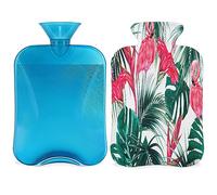 Botella de agua caliente con diseño de hojas de palmera floral con funda esponjosa, 2 L, botella floral de gran capacidad, bolsa de agua para noches acogedoras, alivio del dolor, espalda, cuello y
