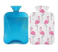 Botella de agua caliente con diseño de lunares y flamencos con funda esponjosa, botella de flamenco de gran capacidad, bolsa de agua para noches acogedoras, alivio del dolor, espalda, cuello y hombros