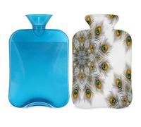 Botella de agua caliente con diseño de mandala de plumas de pavo real con funda, bolsa de agua de gran capacidad de 2 litros para noches acogedoras, alivio del dolor, espalda, cuello y hombros