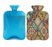 Botella de agua caliente con diseño de mandala étnico con funda esponjosa, 2 L, botella de mandala, bolsa de agua para noches acogedoras, alivio del dolor, espalda, cuello y hombros