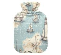Botella de agua caliente con diseño de mapa náutico con funda de forro polar suave, bolsa de agua caliente para aliviar el dolor de cuello y hombros, terapias frías y calientes, talla S