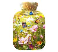 Botella de agua caliente con diseño de mariposa y flores de primavera con funda de terciopelo, bolsa de agua caliente para alivio del dolor de cuello y hombros, tamaño mediano