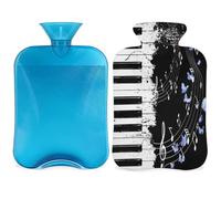 Botella de agua caliente con diseño de mariposa y piano con funda, bolsa de agua de gran capacidad de 2 litros para noches acogedoras, alivio del dolor, espalda, cuello y hombros