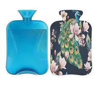 Botella de agua caliente con diseño de pavo real floral con funda esponjosa, 2 L, botella de pavo real, bolsa de agua para noches acogedoras, alivio del dolor, espalda, cuello y hombros