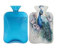 Botella de agua caliente con diseño de pavo real y flores de acuarela con tapa, bolsa de agua de gran capacidad de 2 litros para noches acogedoras, alivio del dolor, espalda, cuello y hombros