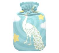 Botella de agua caliente con diseño de pavo real y lago azul con cubierta suave, compresas calientes de 2 litros para el cuerpo para calentar los pies y las manos