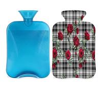 Botella de agua caliente con diseño de rosas a cuadros con funda, bolsa de agua de gran capacidad de 2 litros para noches acogedoras, alivio del dolor, espalda, cuello y hombros