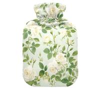 Botella de agua caliente con diseño de rosas blancas y hojas verdes, con funda suave, bolsa de agua caliente de 2 L para calentador de abdomen