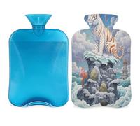 Botella de agua caliente con diseño de tigre y pintura de paisaje con tapa, bolsa de agua de gran capacidad de 2 litros para noches acogedoras, alivio del dolor, espalda, cuello y hombros