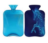 Botella de agua caliente con diseño de unicornio galaxia azul con funda esponjosa, 2 L, botella mágica de unicornio para noches acogedoras, alivio del dolor, espalda, cuello y hombros