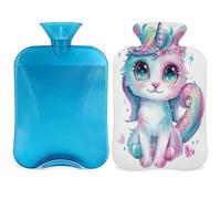 Botella de agua caliente con diseño de unicornio y gato con funda, bolsa de agua de gran capacidad de 2 litros para noches acogedoras, alivio del dolor, espalda, cuello y hombros