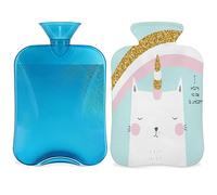 Botella de agua caliente con diseño de unicornio y gato con funda esponjosa, 2 litros, botella de agua para gatos de gran capacidad, para noches acogedoras, alivio del dolor, espalda, cuello y hombros