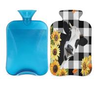 Botella de agua caliente con diseño de vaca divertida de girasol a cuadros con funda, botella de gran capacidad de 2 L, bolsa de agua para noches acogedoras, alivio del dolor, espalda, cuello y