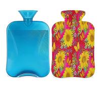 Botella de agua caliente con diseño floral y mariposa con funda esponjosa, botella de flores de gran capacidad, bolsa de agua para noches acogedoras, alivio del dolor, espalda, cuello y hombros