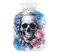Botella de agua caliente con diseño gótico de calavera de jacinto azul con funda suave, bolsa de agua caliente de 1 litro para dolor muscular