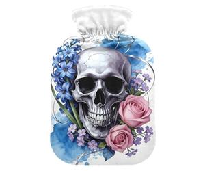 Botella de agua caliente con diseño gótico de calavera de jacinto azul con funda suave, bolsa de agua caliente de 2 L para dolor muscular