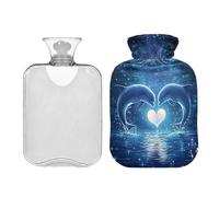 Botella de agua caliente con dos delfines en forma de corazón para nadar en el océano con funda de terciopelo, bolsa de agua caliente transparente de 1 litro para aliviar el dolor del período de
