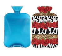 Botella de agua caliente con estampado animal de rosas con funda, botella de gran capacidad de 2 L, bolsa de agua para noches acogedoras, alivio del dolor, espalda, cuello y hombros
