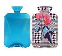 Botella de agua caliente con estampado de cuadros de rosas con funda esponjosa, 2 L, gran capacidad, bolsa de agua para noches acogedoras, alivio del dolor, espalda, cuello y hombros