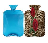 Botella de agua caliente con estampado de leopardo y rosa con funda, bolsa de agua de gran capacidad de 2 litros para noches acogedoras, alivio del dolor, espalda, cuello y hombros