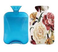 Botella de agua caliente con estampado de rosas con funda esponjosa, bolsa de agua caliente de gran capacidad, bolsa de agua vintage para noches acogedoras, alivio del dolor, espalda, cuello y hombros