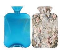 Botella de agua caliente con estampado de rosas de flores con funda esponjosa, botella de flores de gran capacidad, bolsa de agua para noches acogedoras, alivio del dolor, espalda, cuello y hombros