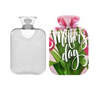 Botella de agua caliente con flores de tulipán florecientes para el día de la madre con cubierta de terciopelo, bolsa de agua caliente transparente de 1 L para calambres menstruales, alivio del dolor de cuello y hombros