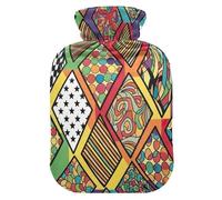 Botella de agua caliente con formas geométricas coloridas con funda suave, bolsa de agua caliente para aliviar el dolor de cuello y hombros, tamaño mediano