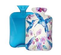 Botella de agua caliente con funda, 2 L, color azul flor de ciruelo, colibrí, para adultos, calentador y alivio del dolor