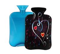 Botella de agua caliente con funda, 2 L, corazón y nota musical, botellas de agua caliente para adultos, calentador/alivio del dolor