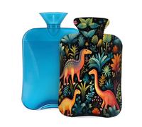 Botella de agua caliente con funda, 2 L, diseño de dinosaurio, selva, para adultos, calentador y alivio del dolor