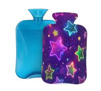 Botella de agua caliente con funda, 2 L, diseño de estrellas de neón moradas para adultos, calentador y alivio del dolor