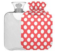 Botella de agua caliente con funda, color rojo, blanco, puntos de polka, transparente, caliente, 2 l grande, para cama de mano, pies, alivio del dolor