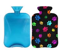 Botella de agua caliente con funda, colorida huella de perro y gato, bolsa de agua caliente de 2 litros para aliviar el dolor, cuello y hombro, calentador de pies, compresa caliente y fría