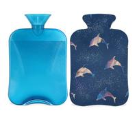 Botella de agua caliente con funda con patrón de delfines, bolsa de agua caliente transparente de 2 l para compresas frías calientes, calentador de manos, alivio del dolor de cuello y hombros (azul