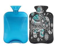Botella de agua caliente con funda de 2 L, bolsa de agua caliente de elefante étnico para calentar la cama/alivio del dolor de período, manga de botella de agua caliente con mandala floral animal