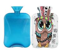 Botella de agua caliente con funda esponjosa, bolsa de agua caliente de gran capacidad de 2 litros, bolsa de agua de plumas de búho étnico para noches acogedoras, alivio del dolor, espalda, cuello y