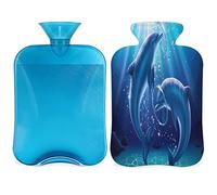 Botella de agua caliente con funda esponjosa, bolsa de agua caliente de gran capacidad de 2 litros, bolsa de agua para botellas de delfines oceánicos para noches acogedoras, alivio del dolor, espalda, cuello y hombros