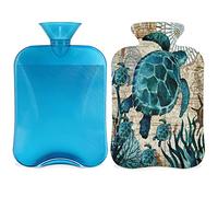 Botella de agua caliente con funda esponjosa, bolsa de agua caliente de gran capacidad de 2 litros, bolsa de agua de tortuga retro para noches acogedoras, alivio del dolor, espalda, cuello y hombros