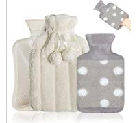 Botella de agua caliente con funda, paquete de 2 botellas de agua caliente esponjosas, botella de agua caliente extragrande de 2 litros + 1 litro, juego de regalo de bolsa de agua caliente para