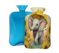 Botella de agua caliente con funda suave, adorable elefante con paraguas girasoles, bolsa de agua caliente de 2 litros para aliviar el dolor, calentador de manos y pies