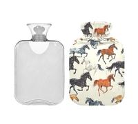 Botella de agua caliente con funda suave, bolsa de agua caliente de 1 litro para calambres menstruales, alivio del dolor de cuello y hombros, calentador de pies de mano, caballos corriendo en acuarela
