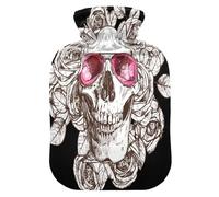 Botella de agua caliente con funda suave, bolsa de agua fría caliente extraíble para aliviar el dolor, calambres menstruales, calentadores de pies, S calavera humana, gafas de sol, flores